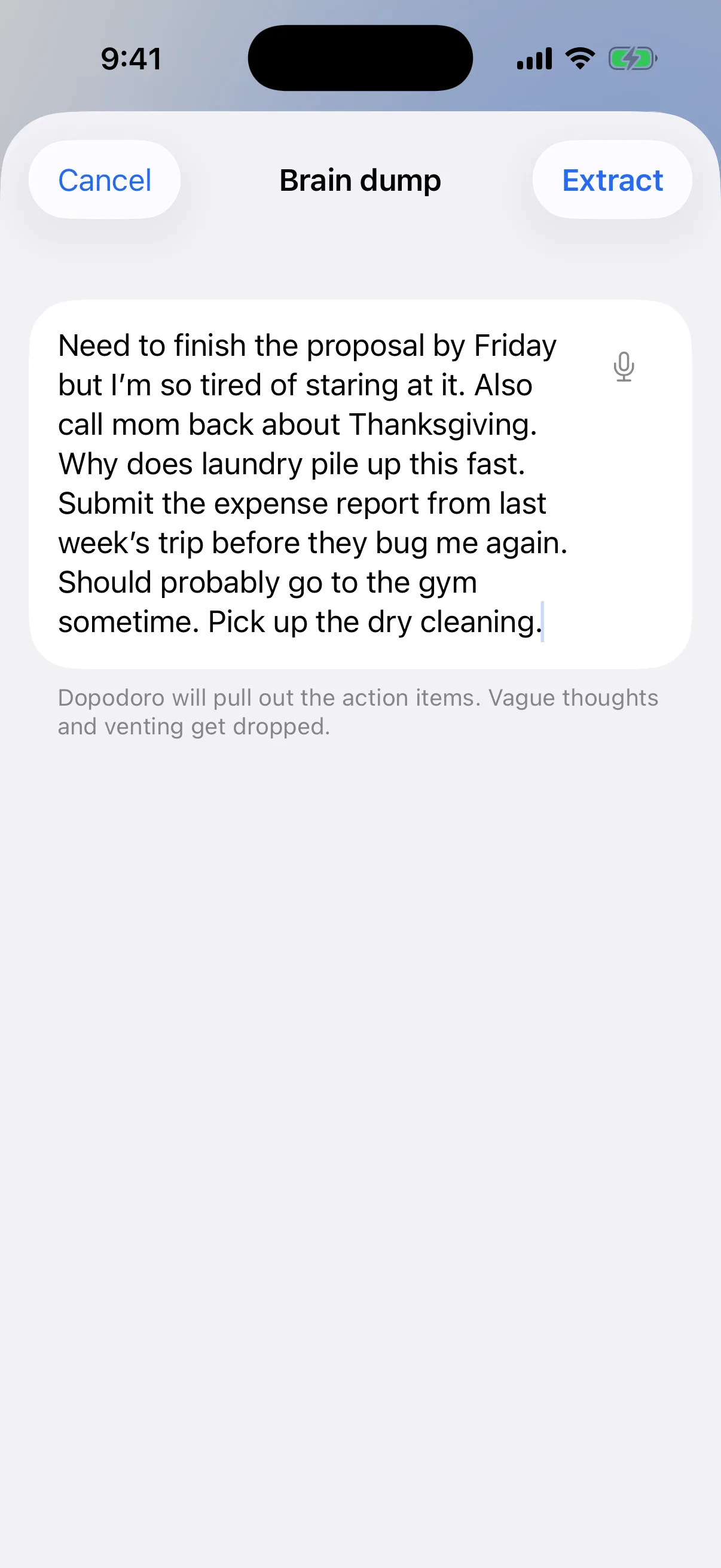 Brain dump sheet — stream of consciousness in, structured tasks out