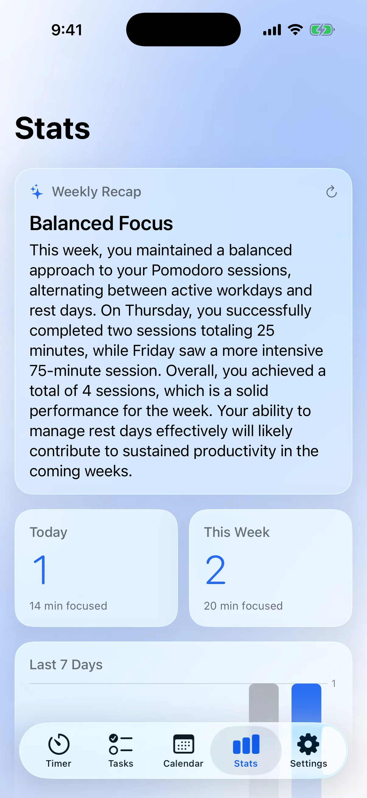 Stats tab with the on-device AI weekly recap