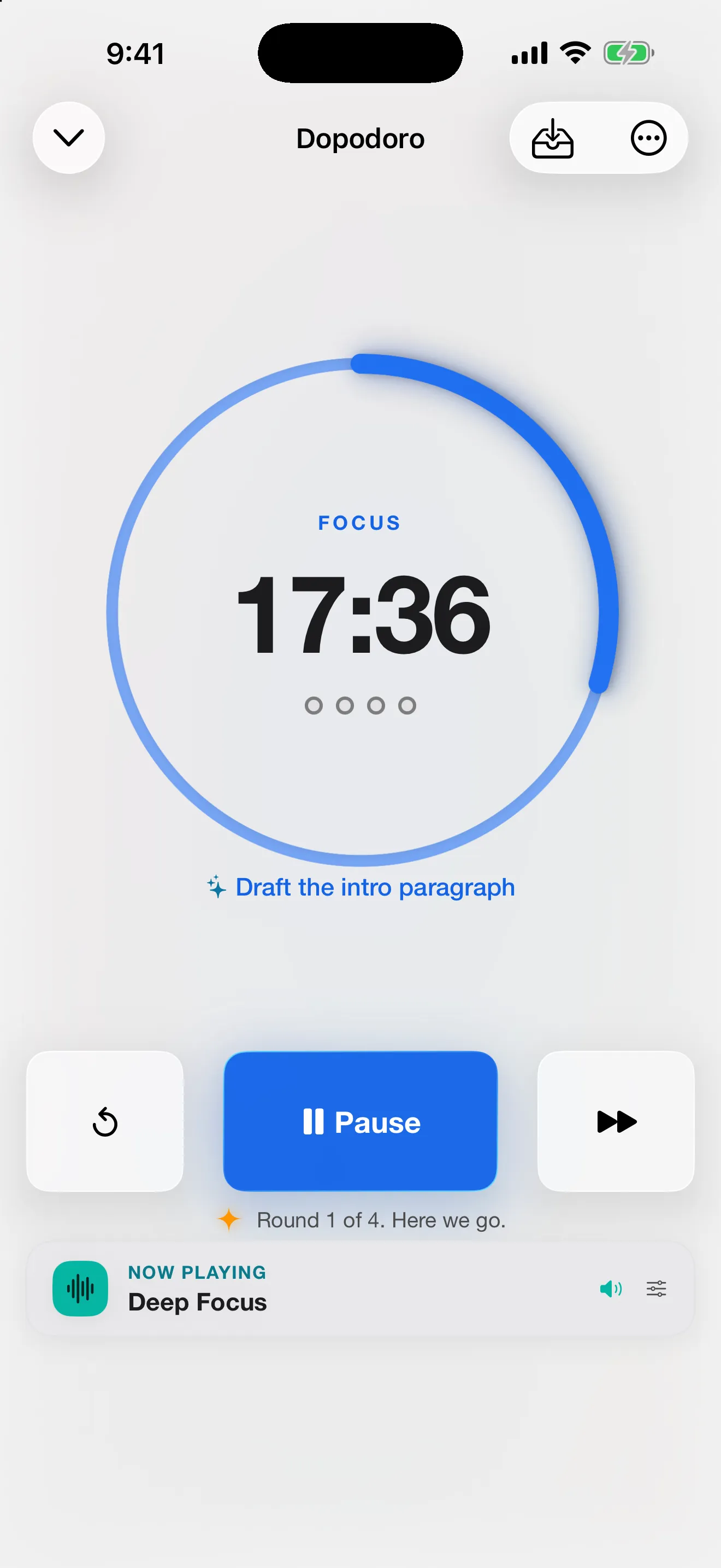 A running focus session: the calm dial at 17:36, round 1 of 4, with the Deep Focus soundscape in a now-playing bar