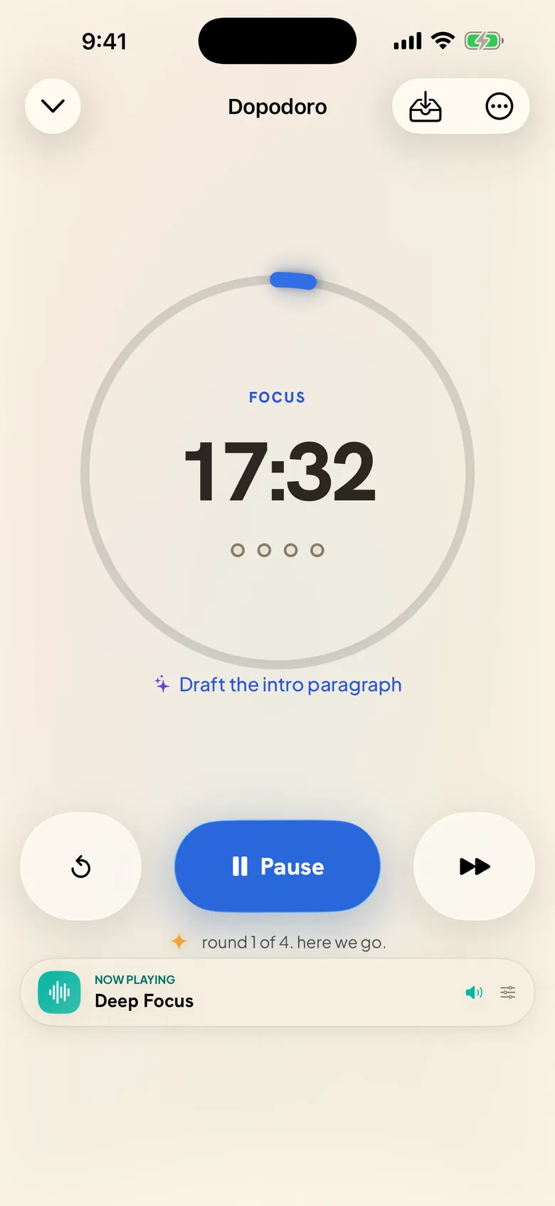 A running focus session: the calm dial at 17:32, round 1 of 4, with the Deep Focus soundscape in a now-playing bar