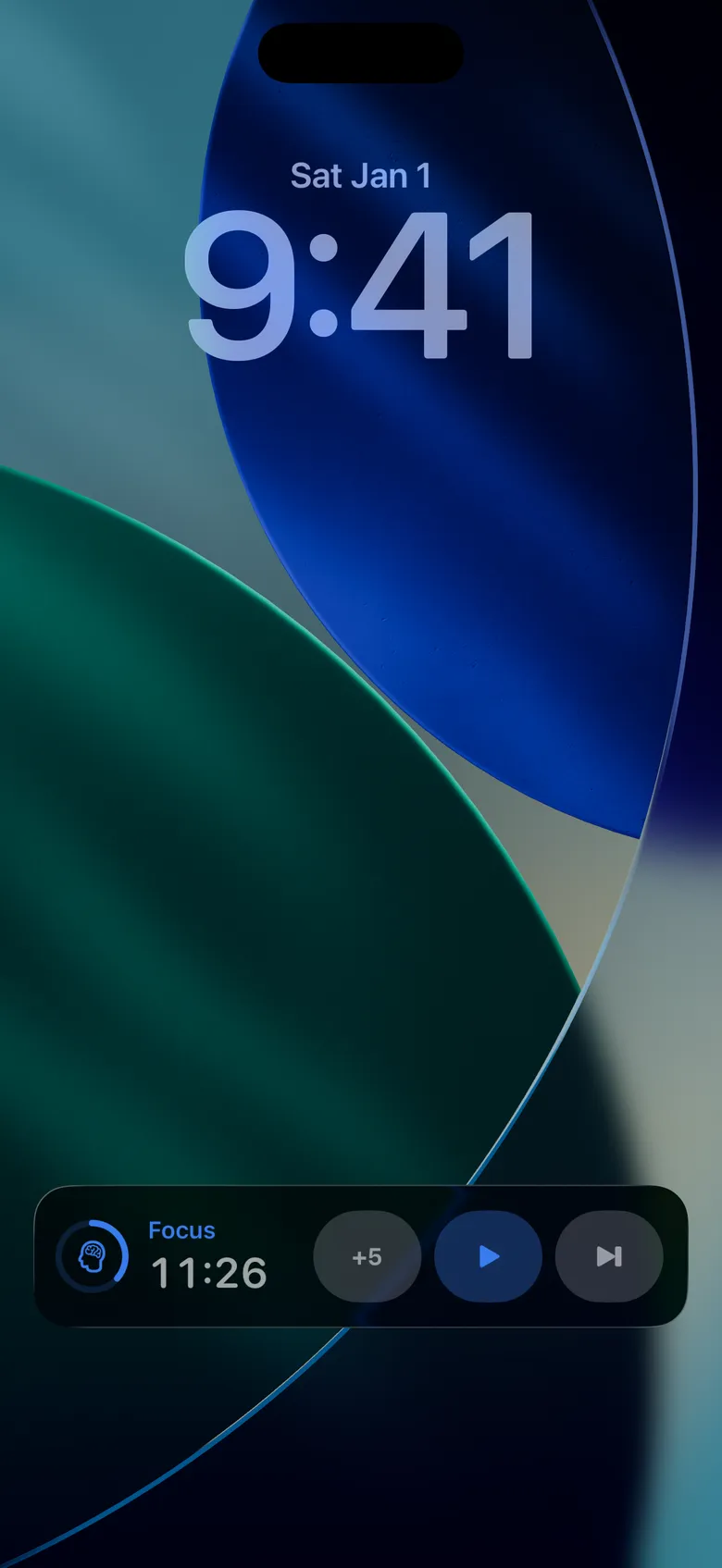 The Lock Screen during a session: the Live Activity shows the focus timer at 11:26 with +5, play, and skip controls