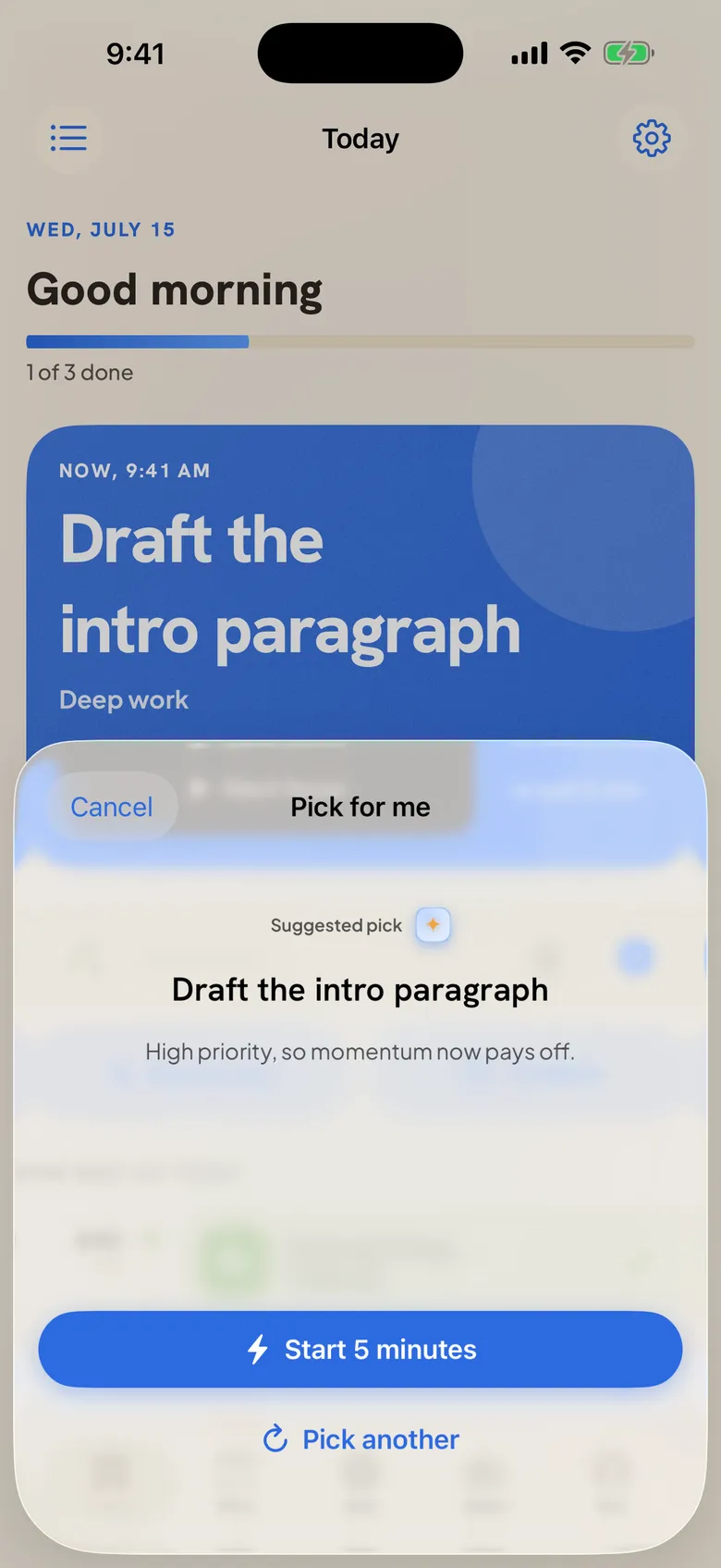 A Pick one for me result: one suggested task, the reason it was chosen, and a Start 5 minutes button